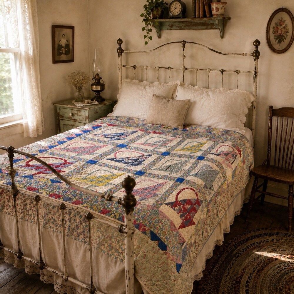 Vtg 1940s Applique  Quilt 63x80 Hand Quilted Basket Cottage Feedsack Style USA